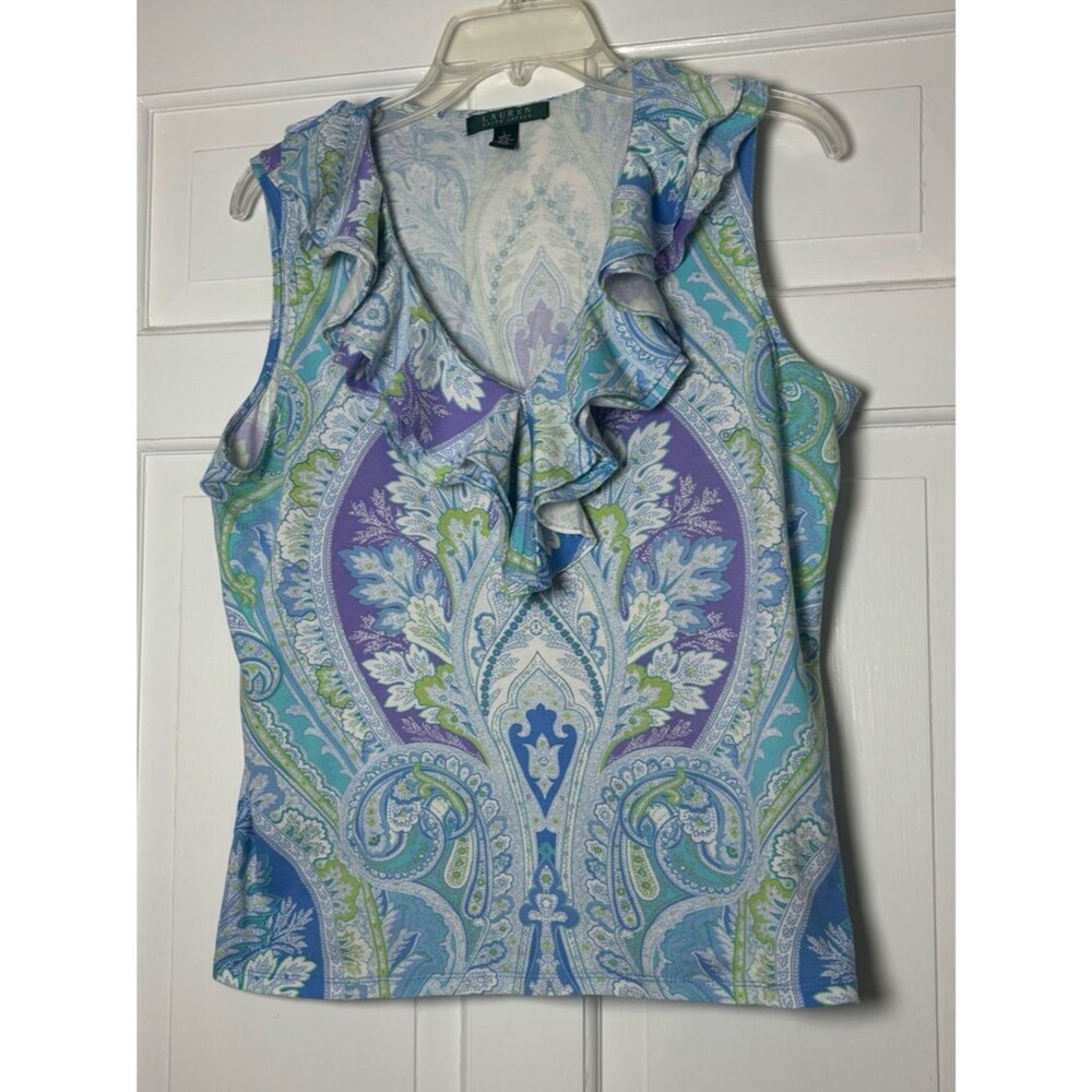 Lauren Ralph Lauren Sleeveless Ruffle V-Neck Top in Blue Paisley Women’s L